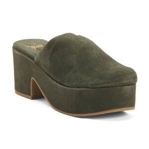 Beek Petrel Heeled Platform Clogs in Moss Suede